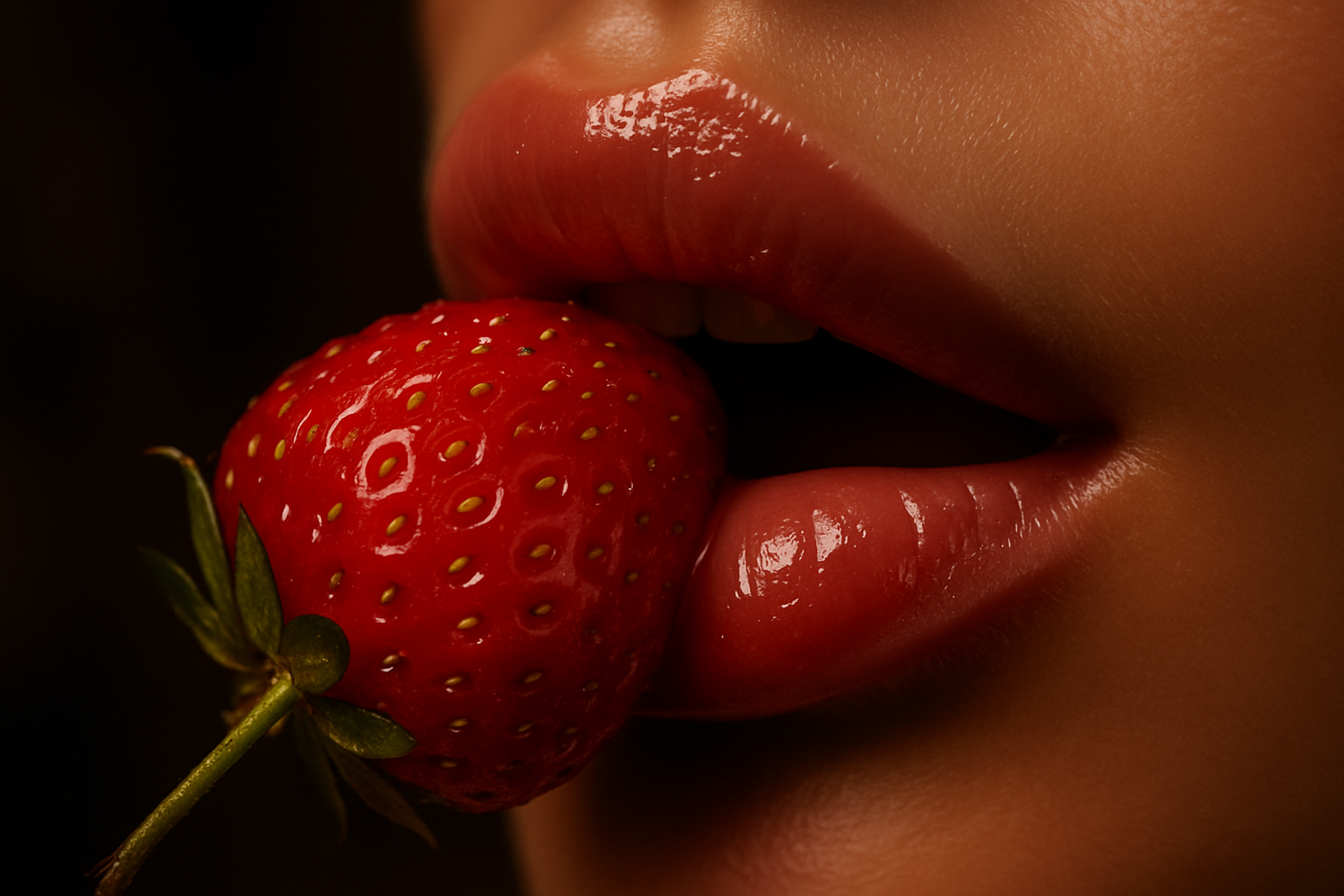 Close-up of a young woman’s glossy lips gently biting into a ripe strawberry. The lips are full, soft, and slightly parted, with natural dewy makeup. The strawberry is fresh, red, and juicy, with droplets glistening. Background is blurred and dark, creating a sensual, moody, and luxurious vibe suitable for an intimate lifestyle brand campaign.