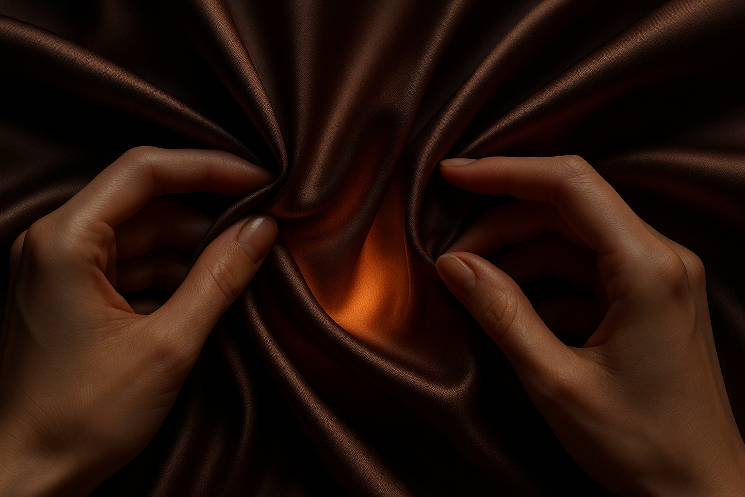 Close-up of silky satin fabric being gently pulled apart by delicate fingertips, revealing a soft glowing light beneath. Rich textures, luxurious color tones, moody lighting, sensual yet artistic mood, representing unlocking hidden desires.
